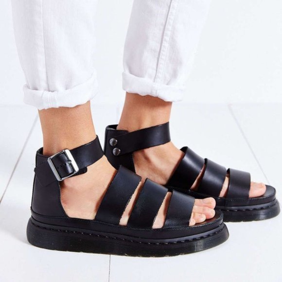 Dr. Martens Shoes - Doc Marten Clarissa Womens 7 Black Leather Ankle Strap Open Toe Platform Sandals